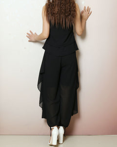 Chiffon top and skirt pants set, sleeveless tops, elastic waist pants, summer suit, wide leg pants, 2 pieces pants(P2121)