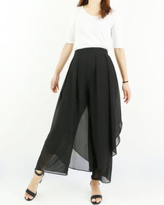Women's wide leg pants, chiffon pants, asymmetrical skirt pants, elastic waist trousers, high waist pants, light weight pants(K1008)