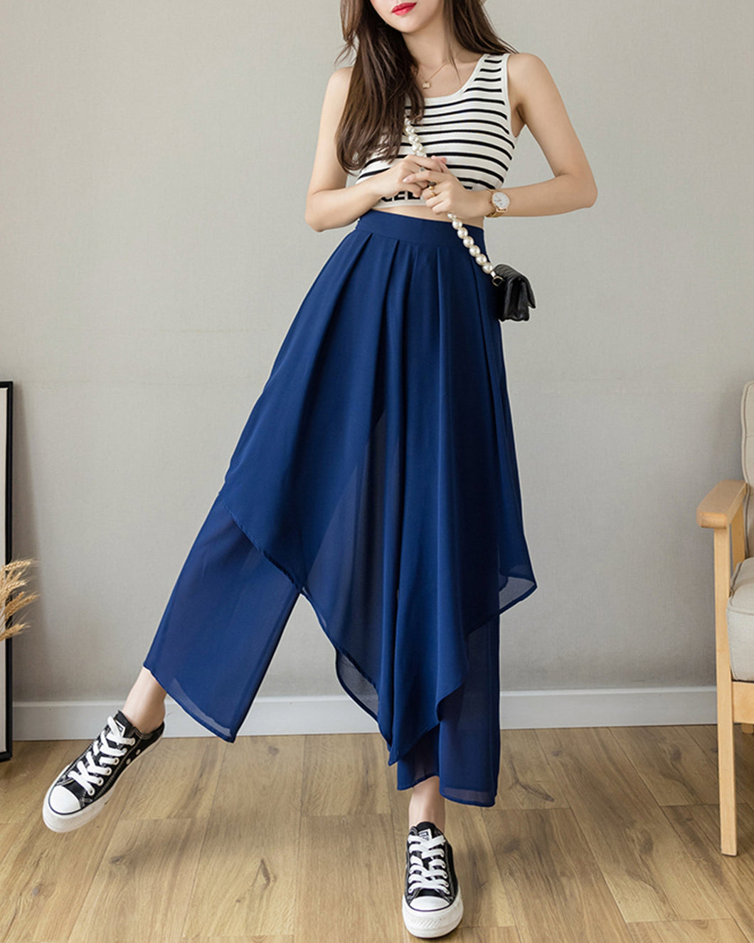 Women black pants/Cropped skirt pants/chiffon pants/high waist trousers/wide leg pants/elastic waist Pants P0028