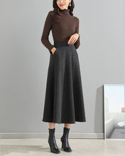 Load image into Gallery viewer, Wool skirt/Midi skirt/Winter skirt/A-line skirt/dark blue skirt/elastic waist skirt/skirt with pockets/customized skirt A008
