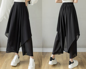 Women black pants/Cropped skirt pants/chiffon pants/high waist trousers/wide leg pants/elastic waist Pants P0028