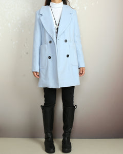 Overcoat women, double breasted coat, wool jacket, long coat, winter coat, light blue jacket(Y2118)