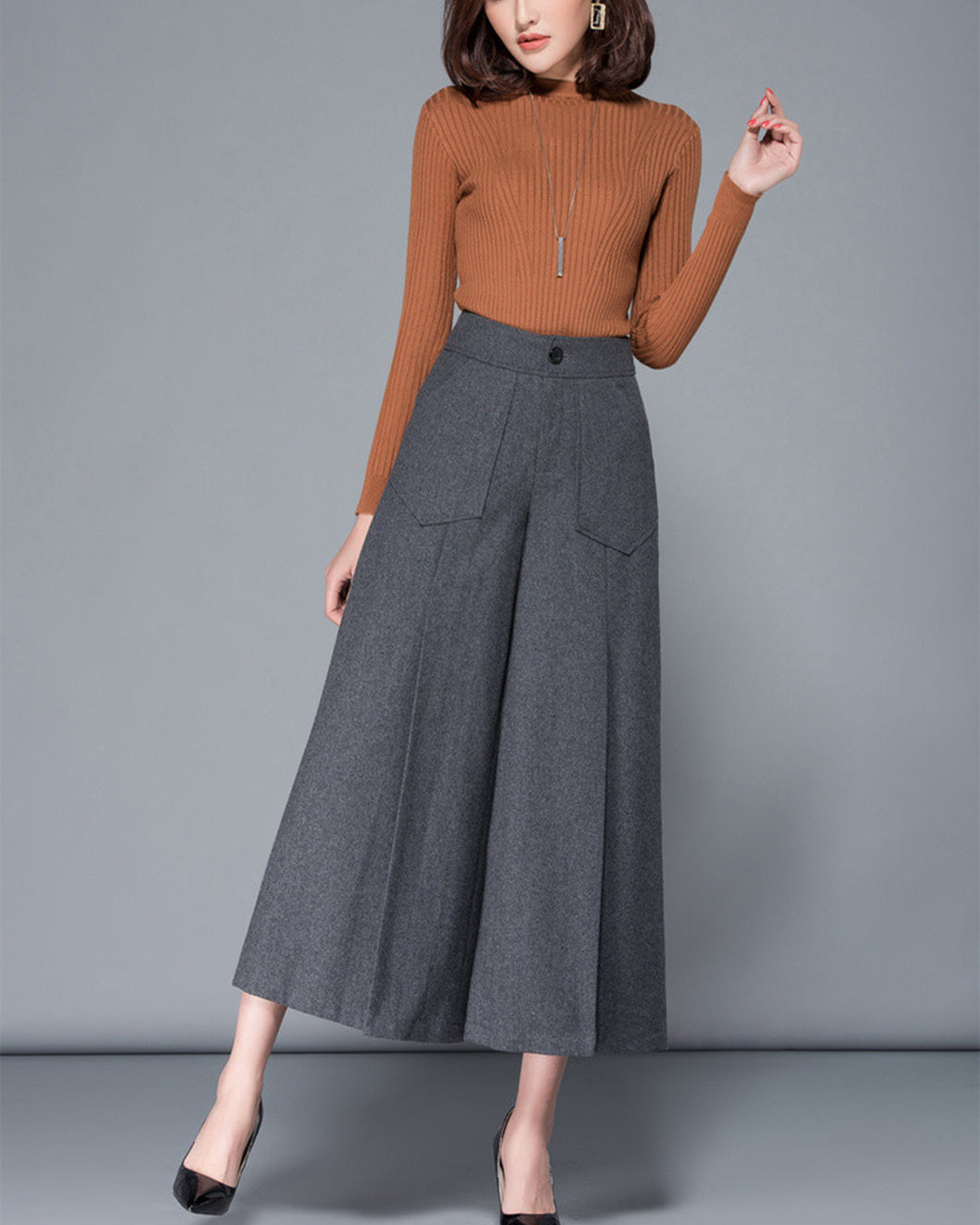 Wool skirt pants, Wool pants women, cropped pants, wide leg pants, loose pants, women trousers, winter pants (K3108)