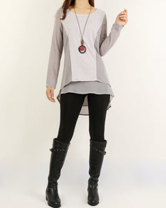 Asymmetrical t-shirt, Cotton and chiffon t-shirt, Long sleeve top, crew neck t-shirts, cotton top, patchwork t-shirt(Y1192)