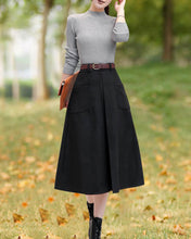 Load image into Gallery viewer, Winter skirt/Wool skirt/Midi skirt/A-line skirt/pleated skirt/black skirt/skirt with pockets A0010
