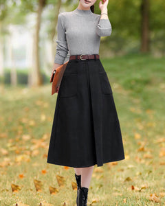 Winter skirt/Wool skirt/Midi skirt/A-line skirt/pleated skirt/black skirt/skirt with pockets A0010
