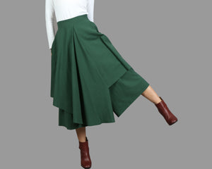 Linen skirt pants/wide leg pants/Cropped pants/Asymmetrical skirt pants/Elastic waist pants/A-line skirt pants/orange skirt/layered pants (K2135Y)