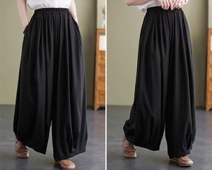 Linen skirt pants, ankle length pants, Wide leg pants, black skirt pants, cotton pants, custom made, green pants (K2249)