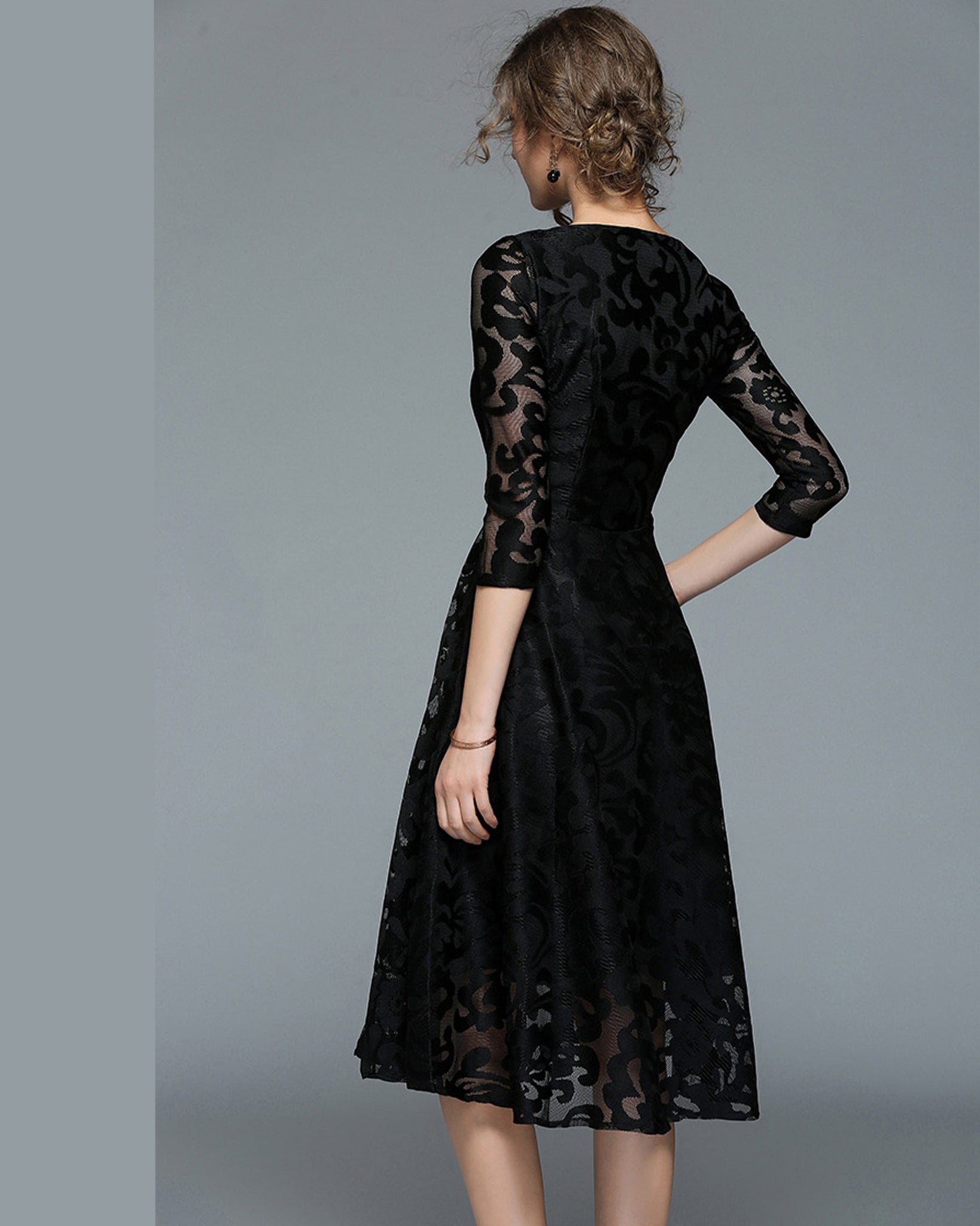 Women's crew neck dress, Lace dress, 3/4 sleeve dress, midi dress, party dress, evening dress, Black dress(Q2098) L(US 14) / Blue Women's crew neck dress, Lace dress, 3/4 sleeve dress, midi dress, party dress, evening dress, Black dress(Q2098) L(US 14) / Blue