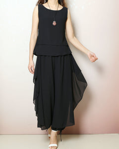 Chiffon top and skirt pants set, sleeveless tops, elastic waist pants, summer suit, wide leg pants, 2 pieces pants(P2121)