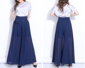 Wide leg Pants, Chiffon Skirt Pants, Summer Pants, Women's Pants, Chiffon trousers, long pants, elastic waist pants (K2039)