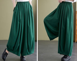 Linen skirt pants, ankle length pants, Wide leg pants, black skirt pants, cotton pants, custom made, green pants (K2249)