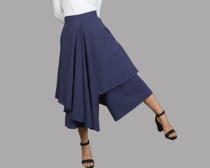 Linen skirt pants/wide leg pants/Cropped pants/Asymmetrical skirt pants/Elastic waist pants/A-line skirt pants/orange skirt/layered pants (K2135Y)