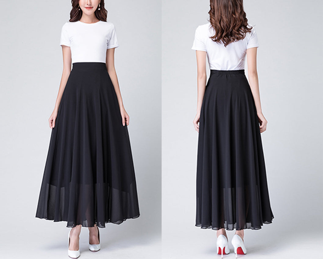 Chiffon Skirt/Maxi Skirt/Long Skirt/A-Line Skirt/Flare Skirt/Dark Blue Skirt/Elastic Waist Skirt L0036