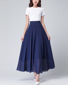 Chiffon Skirt/Maxi Skirt/Long Skirt/A-Line Skirt/Flare Skirt/Dark Blue Skirt/Elastic Waist Skirt L0036