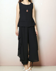 Chiffon top and skirt pants set, sleeveless tops, elastic waist pants, summer suit, wide leg pants, 2 pieces pants(P2121)