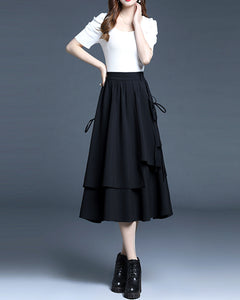 Cotton skirt/Midi skirt/a-line skirt/black skirt/elastic waist skirt/asymmetrical skirt/layered skirt L0058