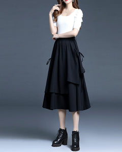 Cotton skirt/Midi skirt/a-line skirt/black skirt/elastic waist skirt/asymmetrical skirt/layered skirt L0058