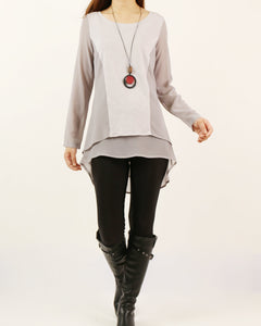 Asymmetrical t-shirt, Cotton and chiffon t-shirt, Long sleeve top, crew neck t-shirts, cotton top, patchwork t-shirt(Y1192)