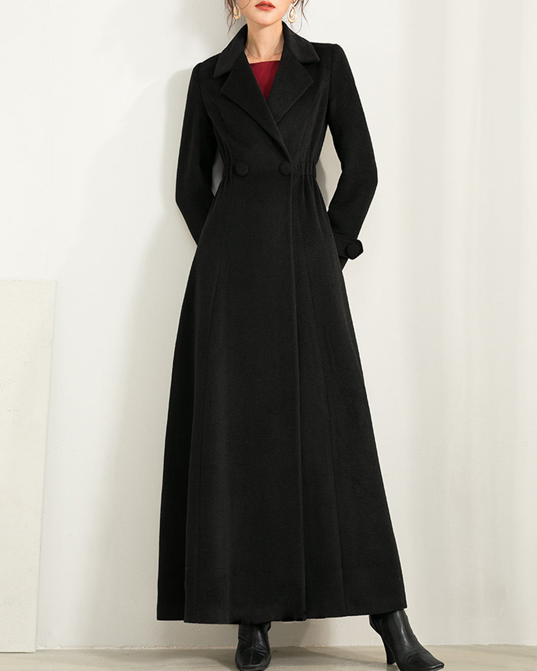 Wool coat for women, maxi coat, coat dress, black coat, winter coat, flare coat, buttoned jacket, wool overcoat, coat with pockets (Y2171)