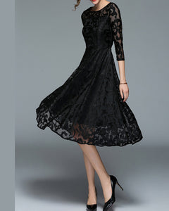 Women's crew neck dress, Lace dress, 3/4 sleeve dress, midi dress, party dress, evening dress, black dress(Q2098)