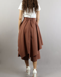 Linen skirt pants/wide leg pants/Cropped pants/Asymmetrical skirt pants/Elastic waist pants/A-line skirt pants/orange skirt/layered pants (K2135Y)