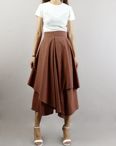 Linen skirt pants/wide leg pants/Cropped pants/Asymmetrical skirt pants/Elastic waist pants/A-line skirt pants/orange skirt/layered pants (K2135Y)