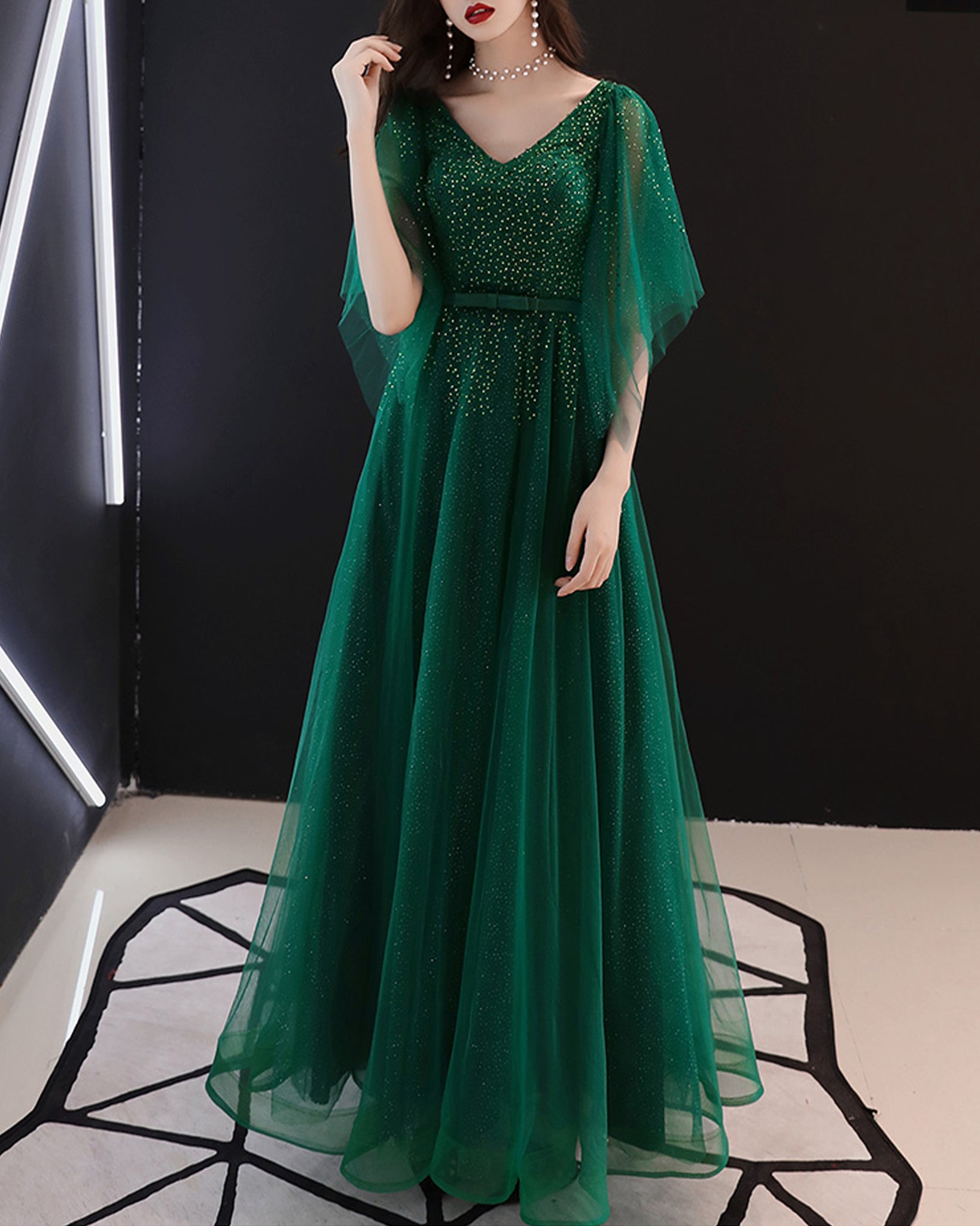 Formal Dress, Full Dress, Evening Dress, Wedding Party Dress, Gown Dress, Dark Green Dress, V-Neck Dress(Q2050) L(US 14) / Dark Green Formal Dress, Full Dress, Evening Dress, Wedding Party Dress, Gown Dress, Dark Green Dress, V-Neck Dress(Q2050) L(US 14) / Dark Green