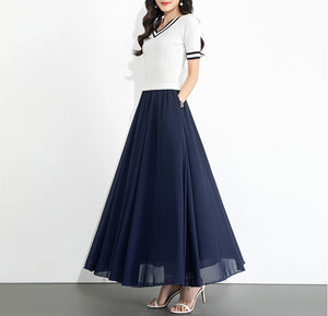 Chiffon Skirt/Maxi Skirt/Long Skirt/A-Line Skirt/Flare Skirt/Dark Blue Skirt/Elastic Waist Skirt L0035