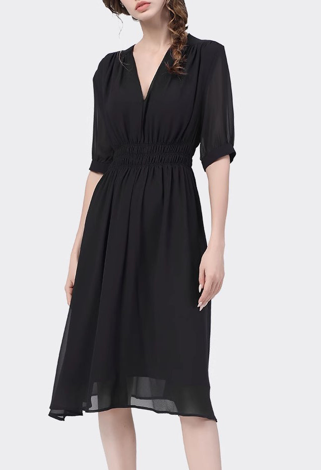 Women's chiffon dress, black dress, summer dress, casual dress, loose fit layered dress, plus size oversize dress(Q3022)