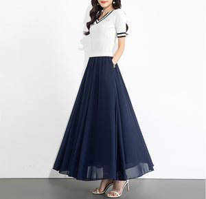 Chiffon Skirt/Maxi Skirt/Long Skirt/A-Line Skirt/Flare Skirt/Dark Blue Skirt/Elastic Waist Skirt L0035