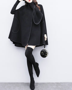 Cape coat Women, wool poncho jacket, wool cloak coat, wool shawl winter coat, double breasted buttoned coat(Y1136)