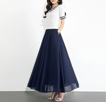 Load image into Gallery viewer, Chiffon Skirt/Maxi Skirt/Long Skirt/A-Line Skirt/Flare Skirt/Dark Blue Skirt/Elastic Waist Skirt L0035
