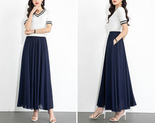 Load image into Gallery viewer, Chiffon Skirt/Maxi Skirt/Long Skirt/A-Line Skirt/Flare Skirt/Dark Blue Skirt/Elastic Waist Skirt L0035
