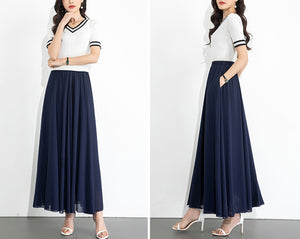 Chiffon Skirt/Maxi Skirt/Long Skirt/A-Line Skirt/Flare Skirt/Dark Blue Skirt/Elastic Waist Skirt L0035