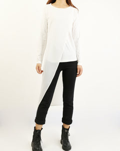 Asymmetrical t-shirt, Cotton and chiffon t-shirt, Long sleeve top, crew neck t-shirts, cotton top, patchwork t-shirt(Y1191L)