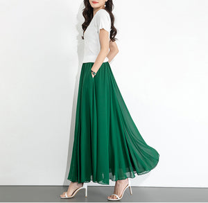 Chiffon Skirt/Maxi Skirt/Long Skirt/A-Line Skirt/Flare Skirt/Dark Blue Skirt/Elastic Waist Skirt L0035