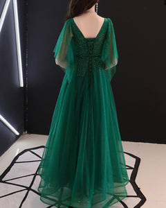 Formal dress, full dress, evening dress, wedding party dress, gown dress, dark green dress, v-neck dress(Q2050)