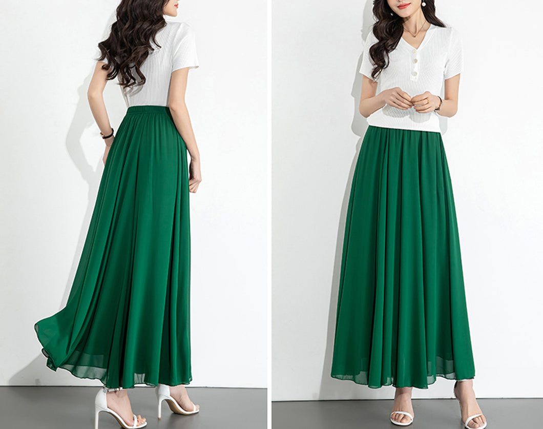 Chiffon Skirt/Maxi Skirt/Long Skirt/A-Line Skirt/Flare Skirt/Dark Blue Skirt/Elastic Waist Skirt L0035