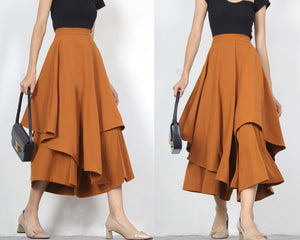 Linen skirt pants/wide leg pants/Cropped pants/Asymmetrical skirt pants/Elastic waist pants/A-line skirt pants/orange skirt/layered pants (K2135Y)
