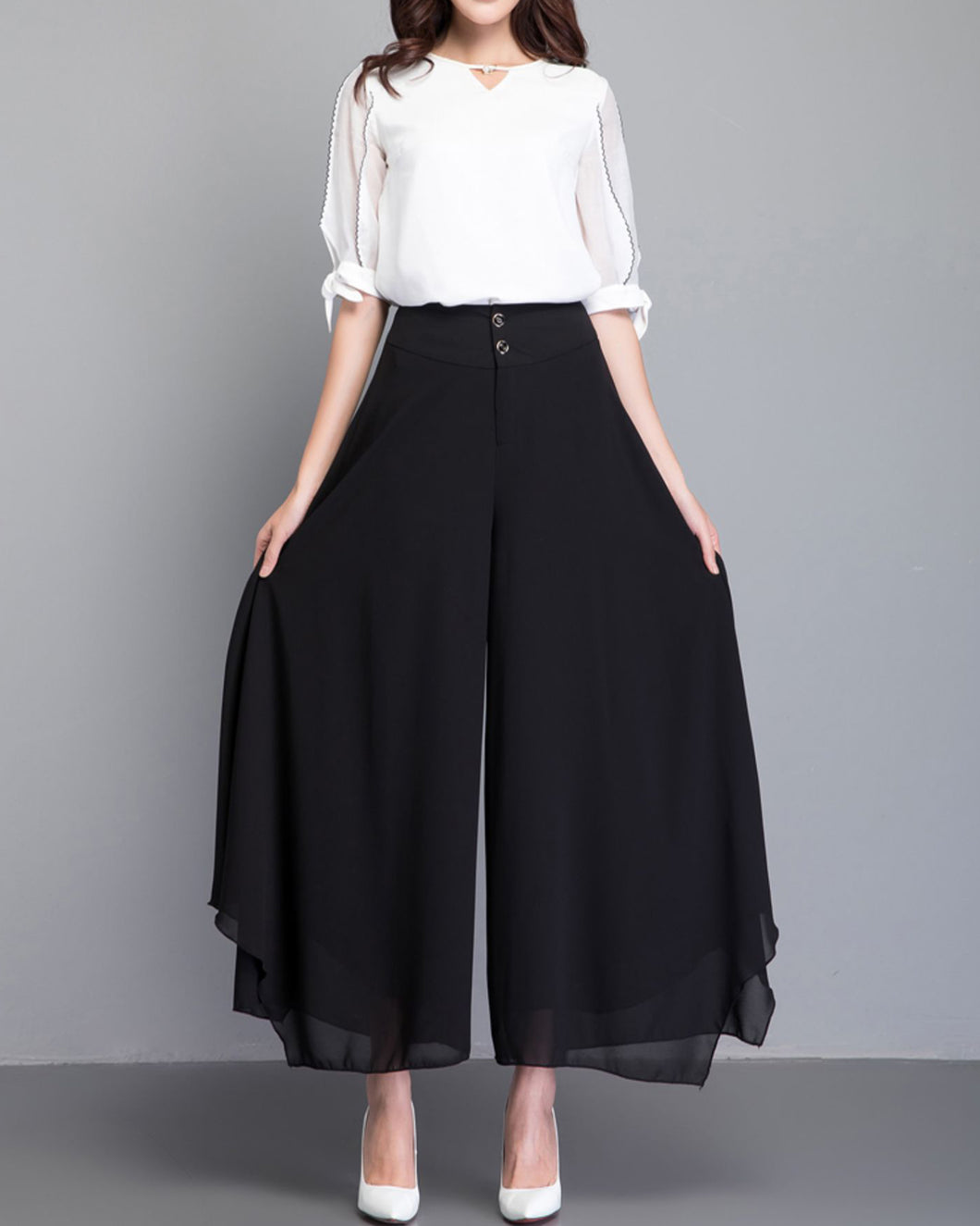 Chiffon Skirt Pants, Women's Cropped Pants, wide leg Pants, Summer Pants, Chiffon Culottes (K2028)