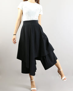 Linen skirt pants/wide leg pants/Cropped pants/Asymmetrical skirt pants/Elastic waist pants/A-line skirt pants/orange skirt/layered pants (K2135Y)