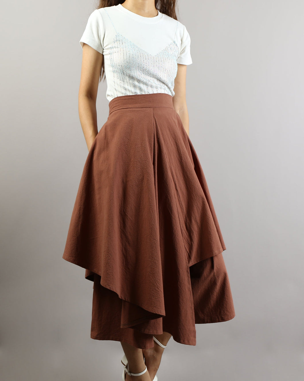 Linen skirt pants/wide leg pants/Cropped pants/Asymmetrical skirt pants/Elastic waist pants/A-line skirt pants/orange skirt/layered pants (K2135Y)