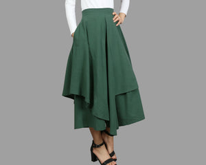Linen skirt pants/wide leg pants/Cropped pants/Asymmetrical skirt pants/Elastic waist pants/A-line skirt pants/orange skirt/layered pants (K2135Y)