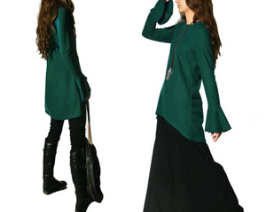 women's bottom t-shirt/bell sleeves tunic top/plus size top/oversized tunic dress/casual customized tunic top/green sweater dress (Y1701gt)