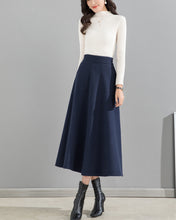 Load image into Gallery viewer, Wool skirt/Midi skirt/Winter skirt/A-line skirt/dark blue skirt/elastic waist skirt/skirt with pockets/customized skirt A008
