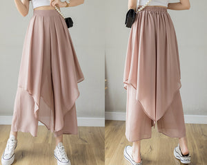 Women black pants/Cropped skirt pants/chiffon pants/high waist trousers/wide leg pants/elastic waist Pants P0028