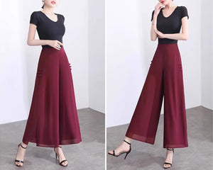 Women elastic waist Pants/cropped pants/chiffon pants/Wide leg pants/chiffon skirt pants/black pants/Plus Size pants P0038