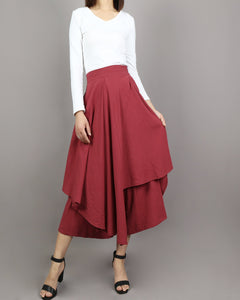 Linen skirt pants/wide leg pants/Cropped pants/Asymmetrical skirt pants/Elastic waist pants/A-line skirt pants/orange skirt/layered pants (K2135Y)