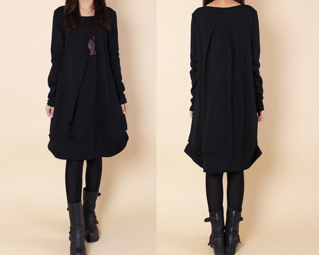 Women's cotton dress/tunic dress/Tunic top women/long t-shirt/long tops/crew neck top/black tunic dress/long sleeve dress Q2068